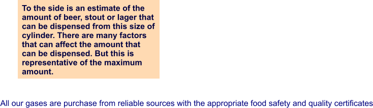 To the side is an estimate of the amount of beer, stout or lager that can be dispensed from this size of cylinder. There are many factors  that can affect the amount that  can be dispensed. But this is  representative of the maximum amount. All our gases are purchase from reliable sources with the appropriate food safety and quality certificates